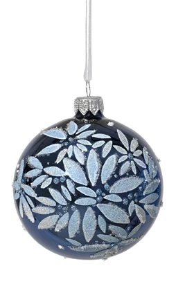 Decorative blue ornament with white floral pattern on a white background