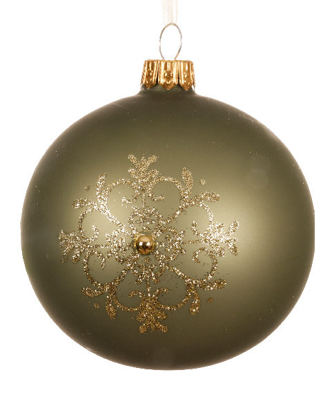 Green Christmas ornament with gold snowflake design on a white background