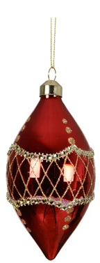 Red Christmas ornament with gold netting and lights on a white background