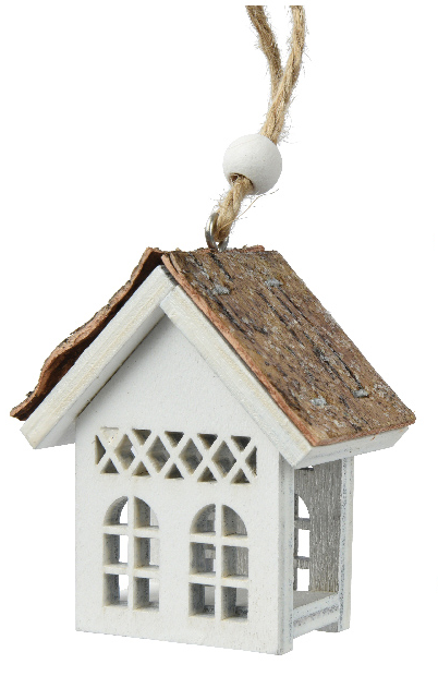 Decorative birdhouse with a wooden roof on a white background