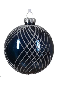 Midnight blue and silver Christmas ornaments with glitter crisscross pattern