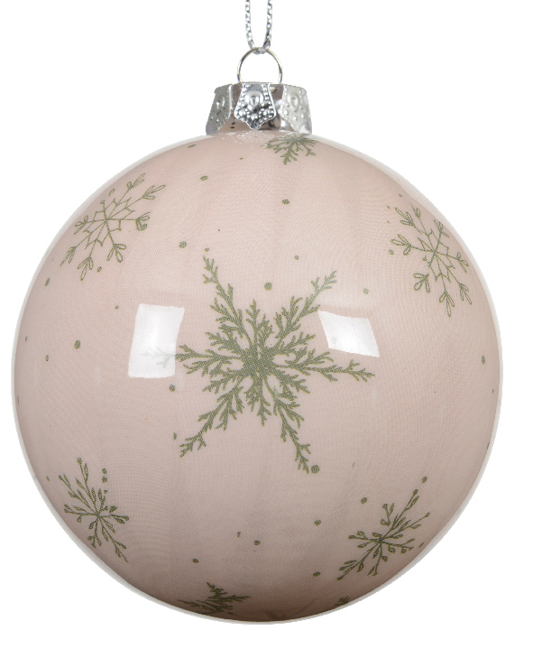Beige Christmas ball ornament with green snowflake patterns on a white background