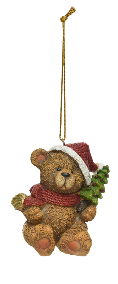 Christmas teddy bear ornament with a red scarf and Santa hat on a white background