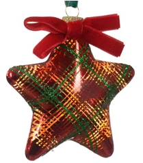 Star-shaped Christmas ornament with a red bow on a plain background