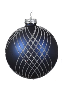 Midnight blue and silver Christmas ornaments with glitter crisscross pattern