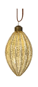 Gold ribbed glass bauble with glitter accents and PU leather ribbon