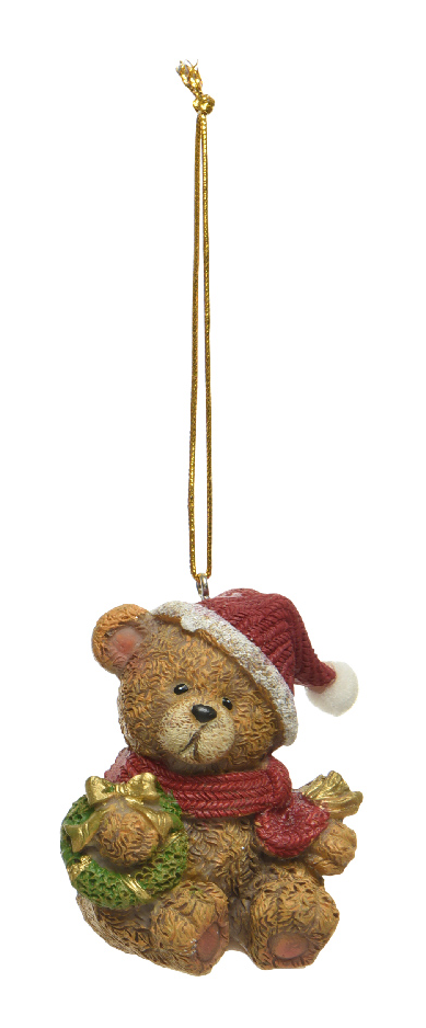 Christmas-themed teddy bear ornament with a wreath and Santa hat on a white background