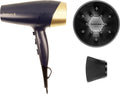 Black and gold hair dryer with attachments on a white background