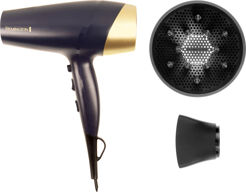 Black and gold hair dryer with attachments on a white background