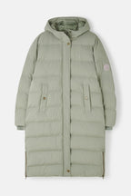 Green puffer coat on a white background