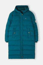Teal puffer coat on a white background