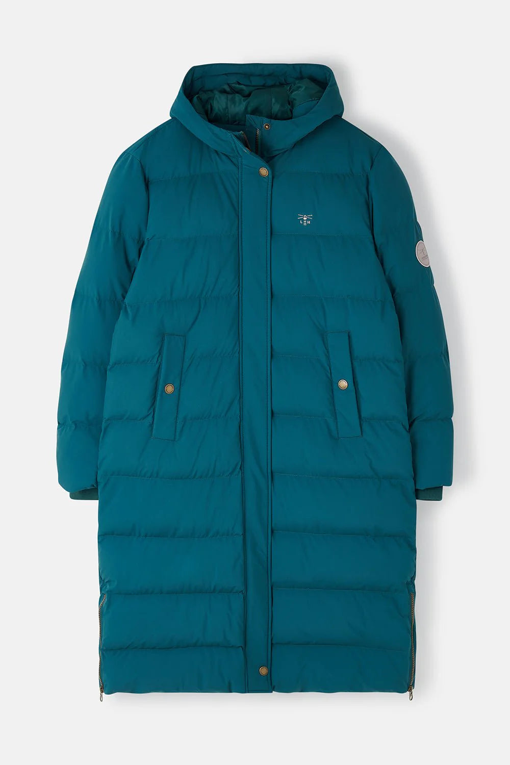 Teal puffer coat on a white background
