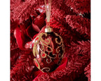 Three luxury egg-shaped glass Christmas baubles with enamel finish, decorated with gold glitter, red beads, and diamond accents – assorted red, oxblood, and fig tones.