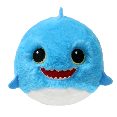 Blue plush toy shark with a white belly on a white background