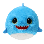 Blue plush toy shark with a white belly on a white background