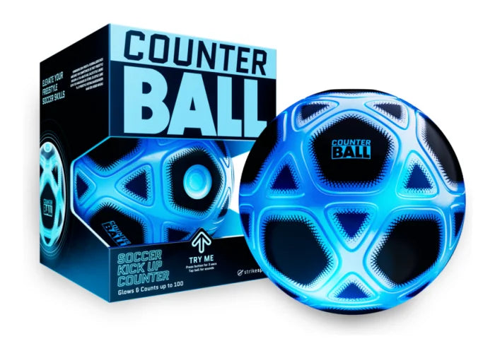 Blue 'Counter Ball' with packaging on a white background