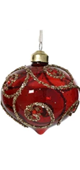 Glass bauble with glitter swirl decoration and gold cap, assorted festive design.