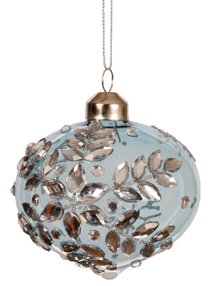 Decorative glass ball ornament with metallic embellishments on a white background