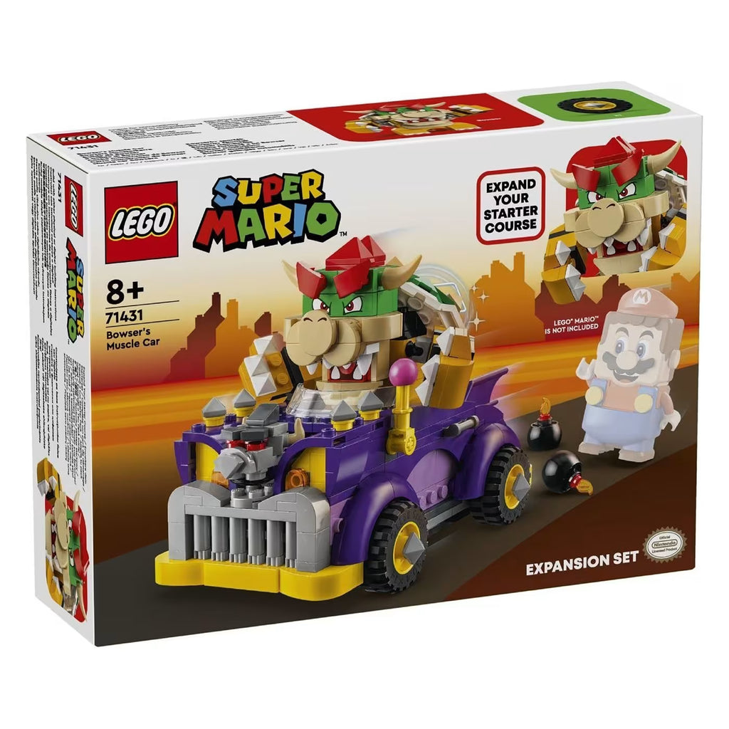 LEGO Super Mario Bowser’s Muscle Car Expansion Set (71431) showing purple muscle car, Bowser figure with Action Tag, yellow lever and bomb pieces.