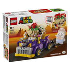 LEGO Super Mario Bowser’s Muscle Car Expansion Set (71431) showing purple muscle car, Bowser figure with Action Tag, yellow lever and bomb pieces.
