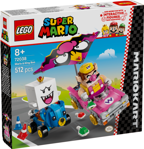 LEGO Super Mario Mario Kart Wario & King Boo set (72038) showing Wario's Badwagon, King Boo’s Teddy Buggy, shell-launch action, drifting and glider features.