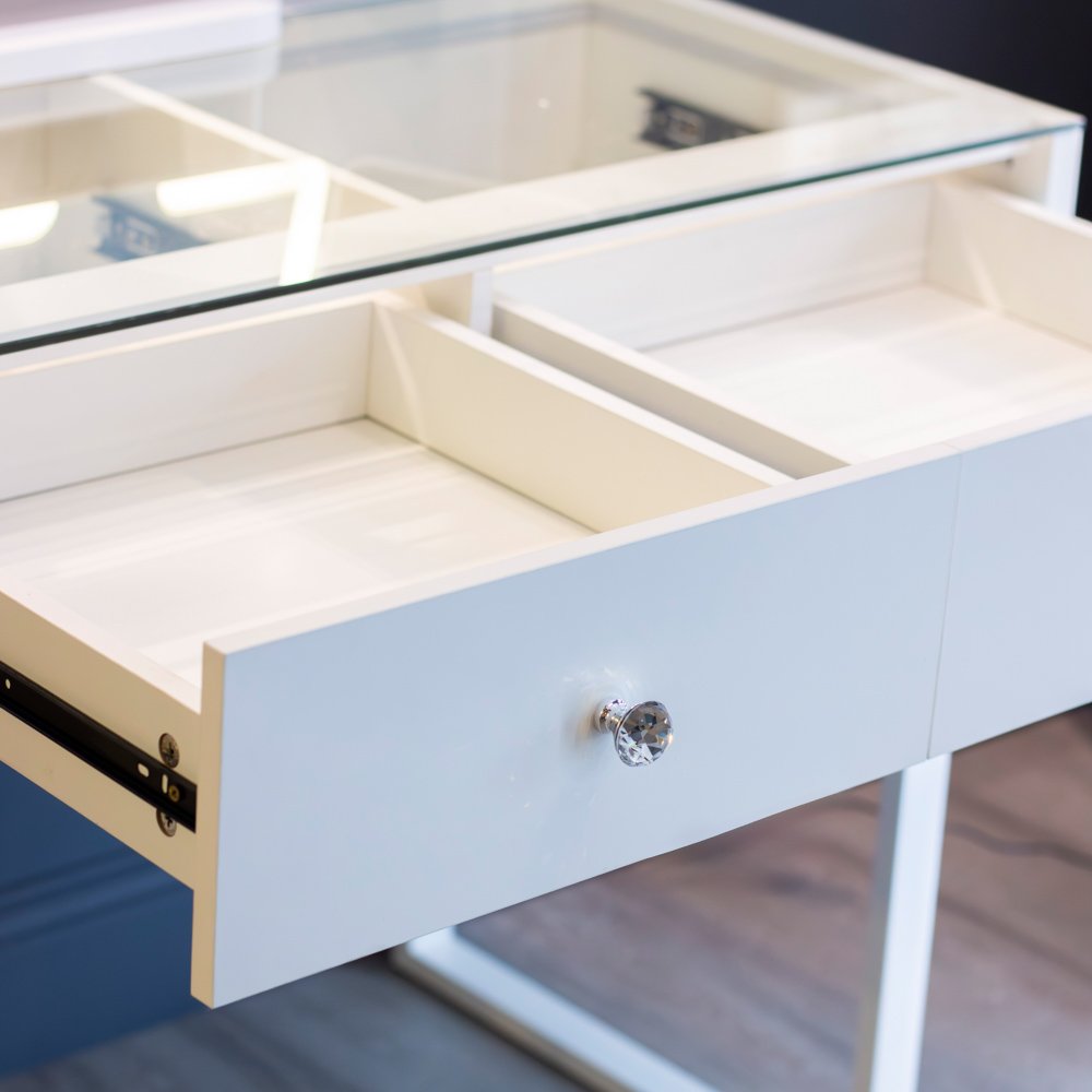 Erika vanity table storage drawer open
