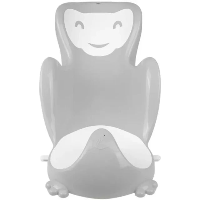 Gray children's bath seat with a smiling face design on a white background