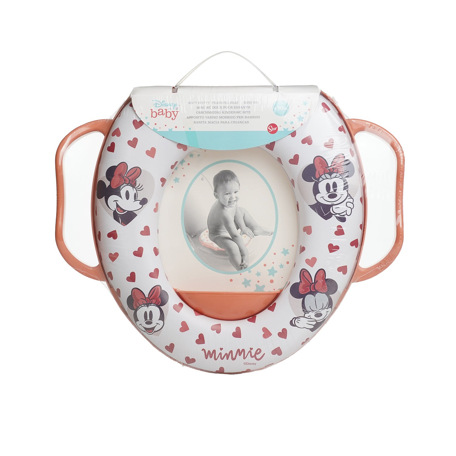 Minnie Mouse-themed toilet seat with handles and packaging on a white background