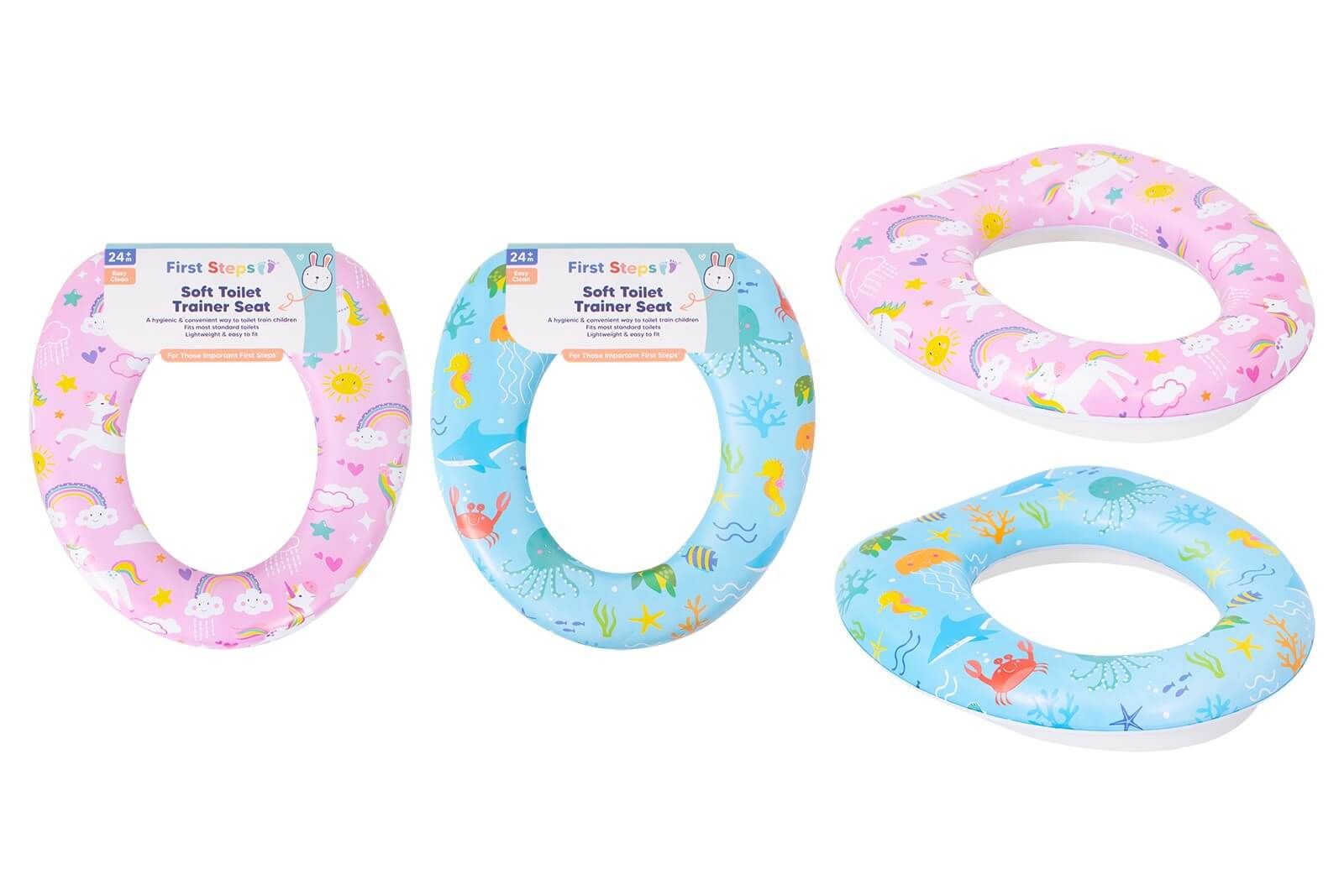 Three First Species brand soft toilet training seats shown on a white background, featuring pink and blue ocean and unicorn patterns.