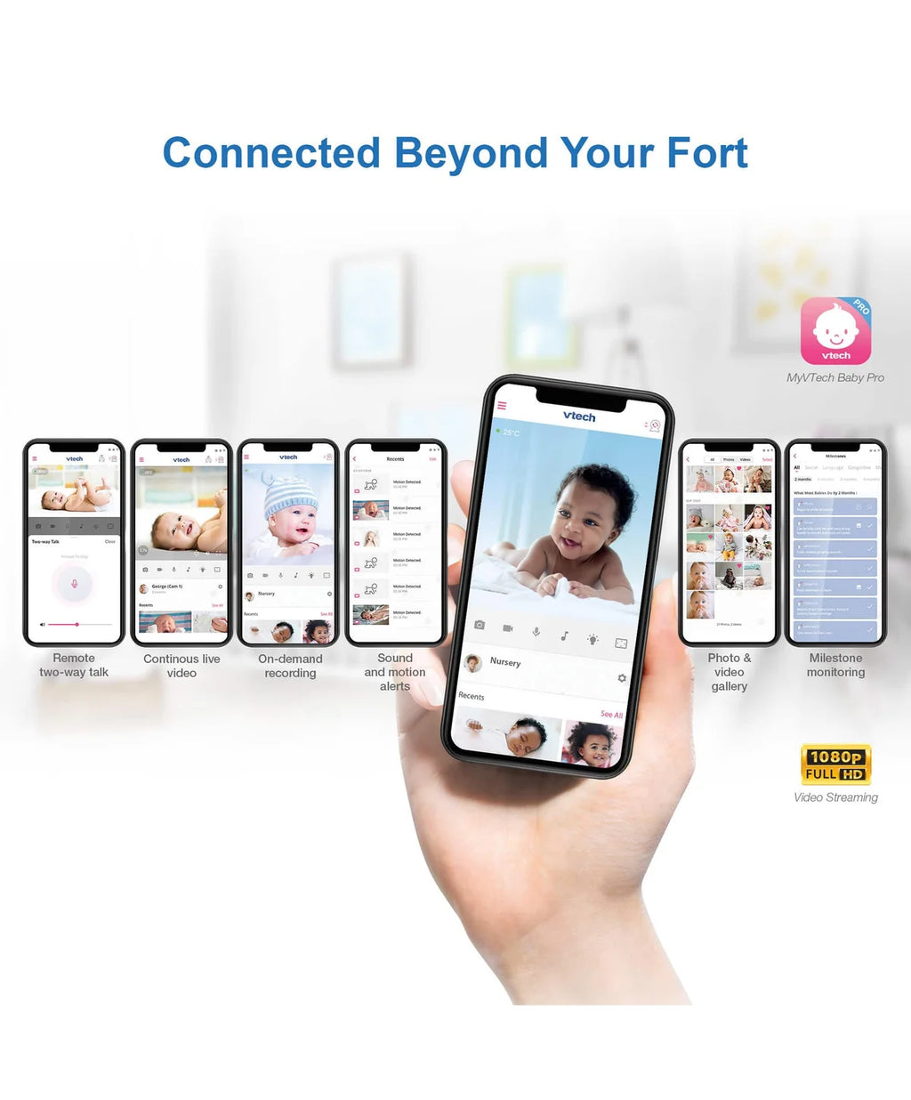 A hand holds a smartphone displaying a baby monitoring app interface, with six smaller phone screens along the left showing app features. Blue headline text at the top reads 'Connected Beyond Your Fort,' and a small pink app logo appears on the right.