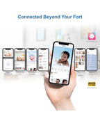 A hand holds a smartphone displaying a baby monitoring app interface, with six smaller phone screens along the left showing app features. Blue headline text at the top reads 'Connected Beyond Your Fort,' and a small pink app logo appears on the right.