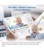 A Vtech baby video monitor and intercom system held in hands, showing a smiling baby on the screen. The white handheld monitor displays a live video feed with colorful toys in the background, with text highlighting the two-way talkback intercom feature.