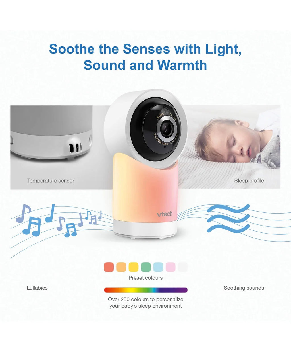 A Vitech baby sleep monitor and cradle lamp shown on a white infographic background with text reading 'Soothe the Senses with Light, Sound and Warmth.' The lamp is white with a pastel gradient from pink to yellow to peach.