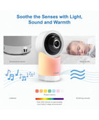 A Vitech baby sleep monitor and cradle lamp shown on a white infographic background with text reading 'Soothe the Senses with Light, Sound and Warmth.' The lamp is white with a pastel gradient from pink to yellow to peach.
