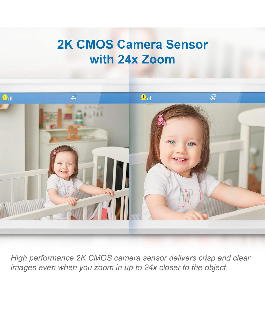 Child in a crib with text about 2K CMOS camera sensor and 24x zoom capability.