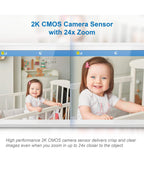 Child in a crib with text about 2K CMOS camera sensor and 24x zoom capability.