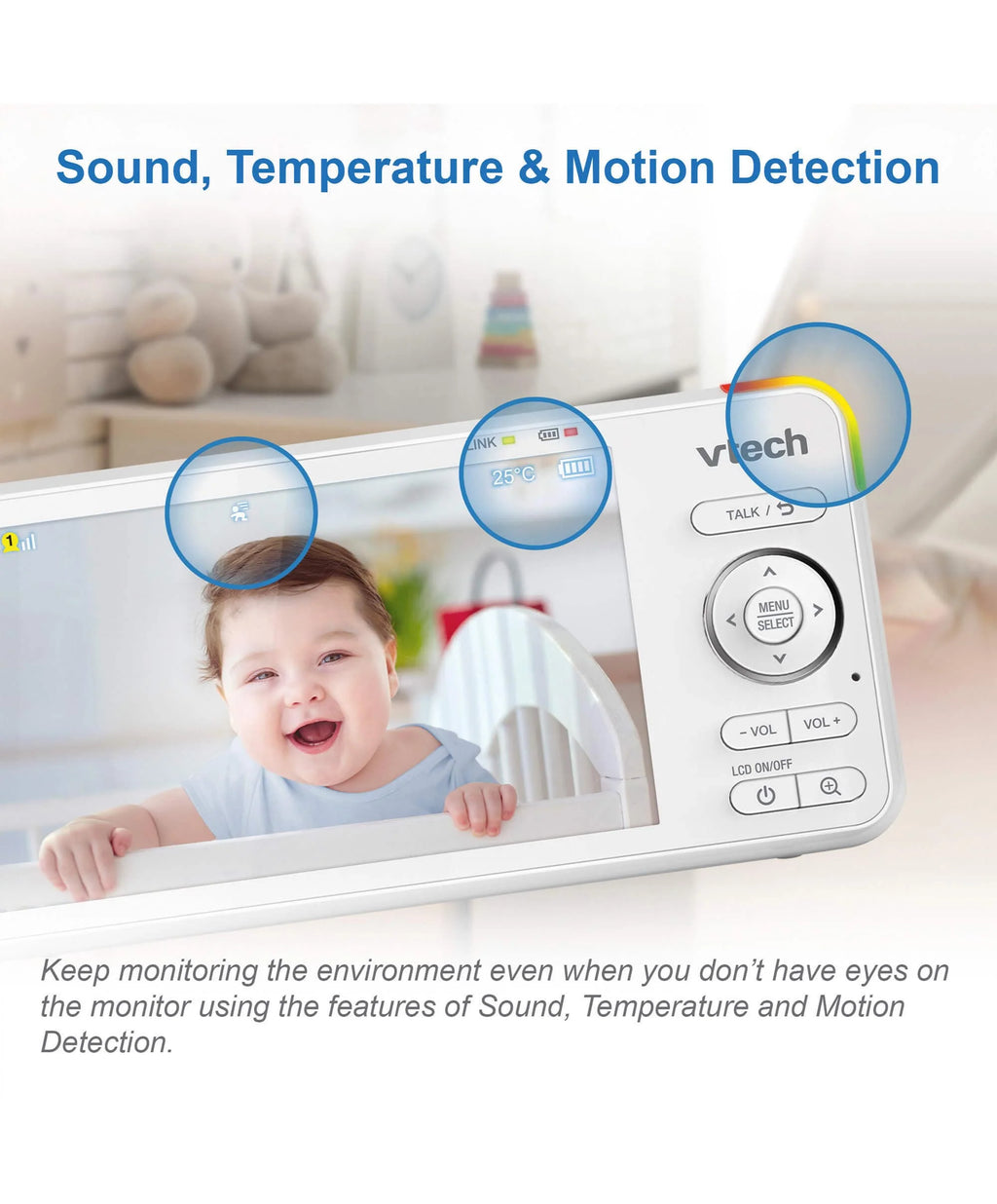 Vtech baby monitor with sound, temperature, and motion detection features displayed on a screen.