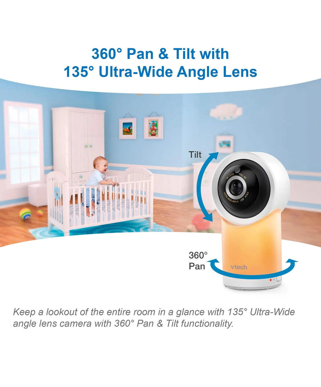 Smart camera with 360-degree pan and tilt feature in a room setting