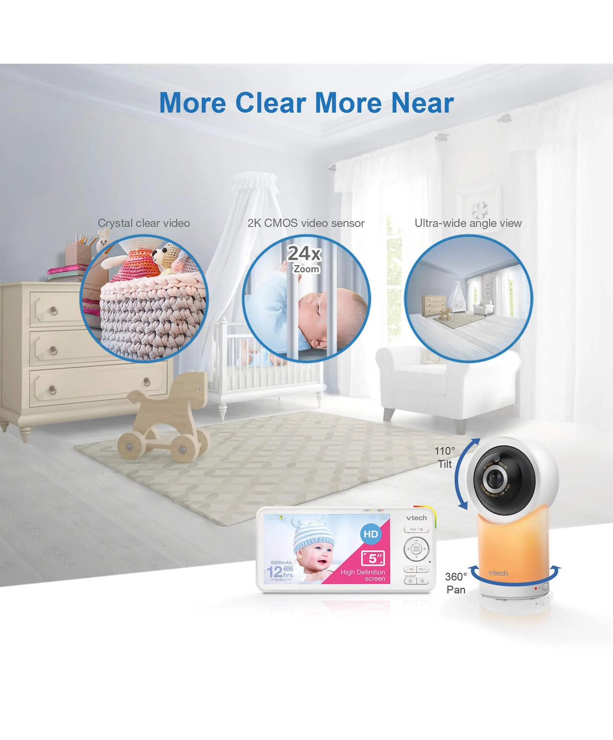 Baby monitor with camera and display in a nursery setting, showing features like crystal clear video and ultra-wide angle view.
