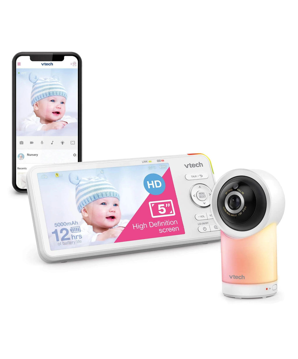 Vtech baby monitor with smartphone displaying the app on a white background