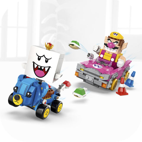 LEGO Super Mario Mario Kart Wario & King Boo set (72038) showing Wario's Badwagon, King Boo’s Teddy Buggy, shell-launch action, drifting and glider features.