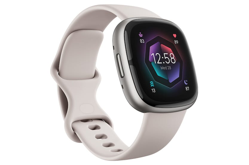 A Fitbit Sense 2 Smartwatch in Lunar White & Platinum color scheme, displaying time and various health tracking metrics on its screen.